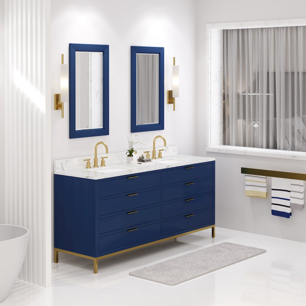 72 In. Double Sink Carrara White Marble Countertop Bath Vanity in Monarch Blue