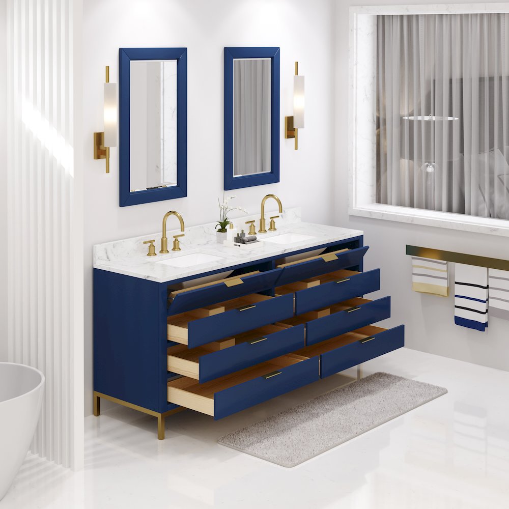 72 In. Double Sink Carrara White Marble Countertop Bath Vanity in Monarch Blue