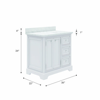 36 In. Single Sink Carrara White Marble Countertop Bath Vanity In Pure White