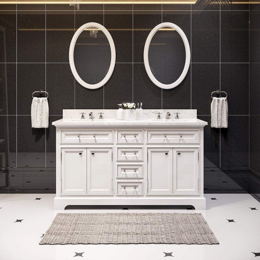 60 In. Double Sink Carrara White Marble Countertop Bath Vanity In Pure White