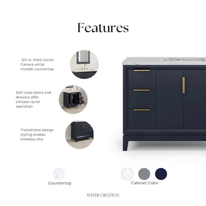 48 In. Single Sink Carrara White Marble Countertop Bath Vanity In Monarch Blue