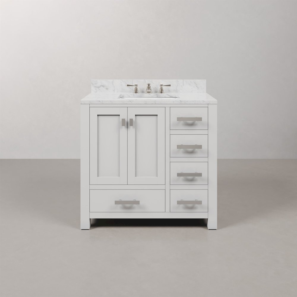 Madison 36 In. Single Sink Carrara White Marble Countertop Bath Vanity