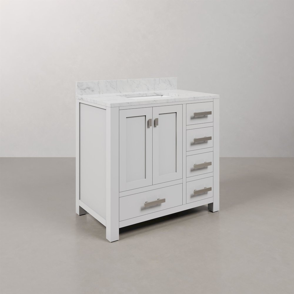 Madison 36 In. Single Sink Carrara White Marble Countertop Bath Vanity
