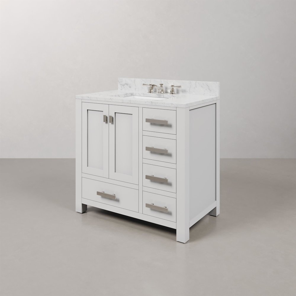 Madison 36 In. Single Sink Carrara White Marble Countertop Bath Vanity
