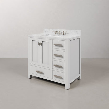 Madison 36 In. Single Sink Carrara White Marble Countertop Bath Vanity
