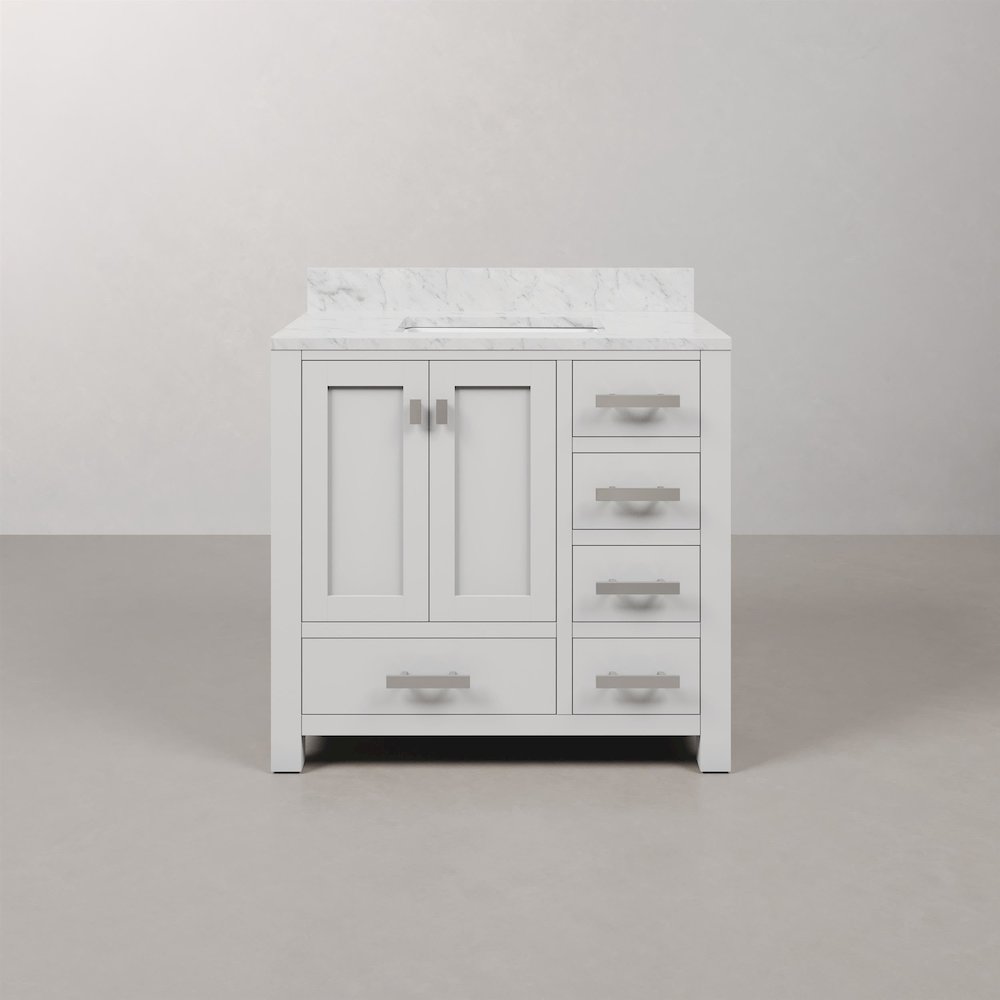 Madison 36 In. Single Sink Carrara White Marble Countertop Bath Vanity