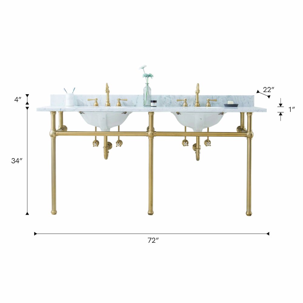 60 In. W. Double Wash Stand, P-Trap, Carrara White Marble Countertop