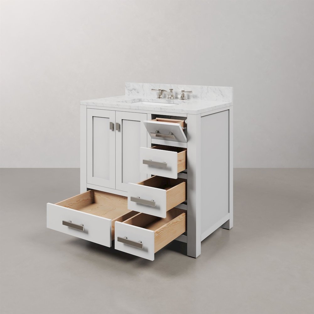 Madison 36 In. Single Sink Carrara White Marble Countertop Bath Vanity