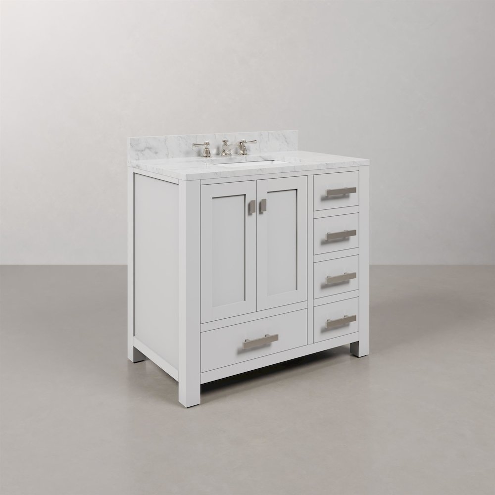 Madison 36 In. Single Sink Carrara White Marble Countertop Bath Vanity