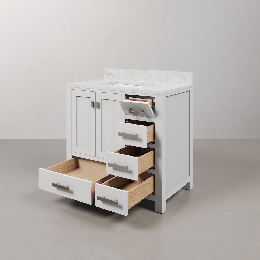 Madison 36 In. Single Sink Carrara White Marble Countertop Bath Vanity