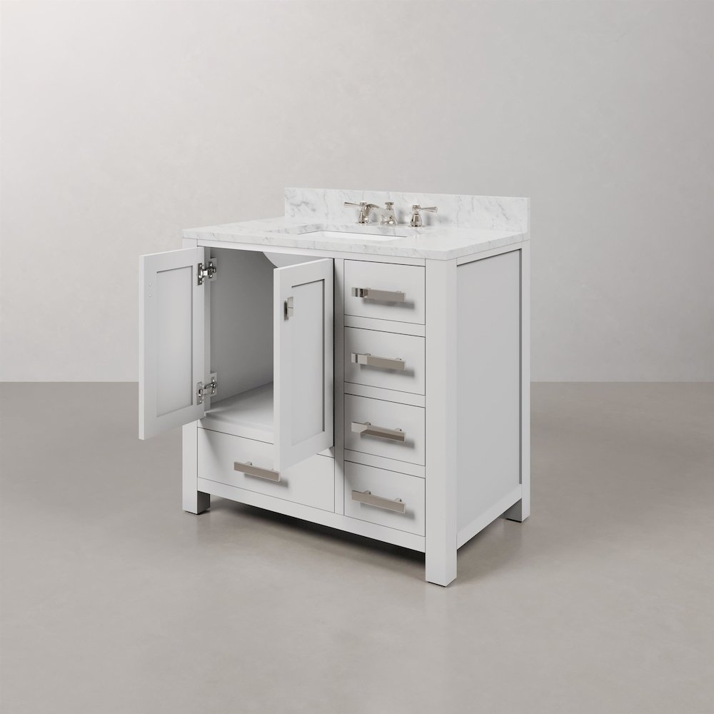 Madison 36 In. Single Sink Carrara White Marble Countertop Bath Vanity