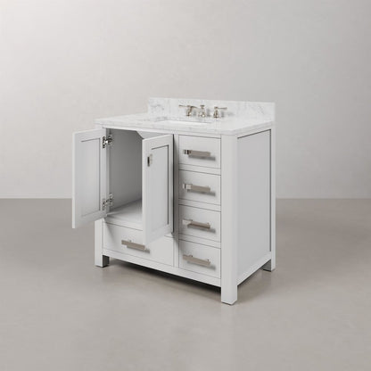 Madison 36 In. Single Sink Carrara White Marble Countertop Bath Vanity