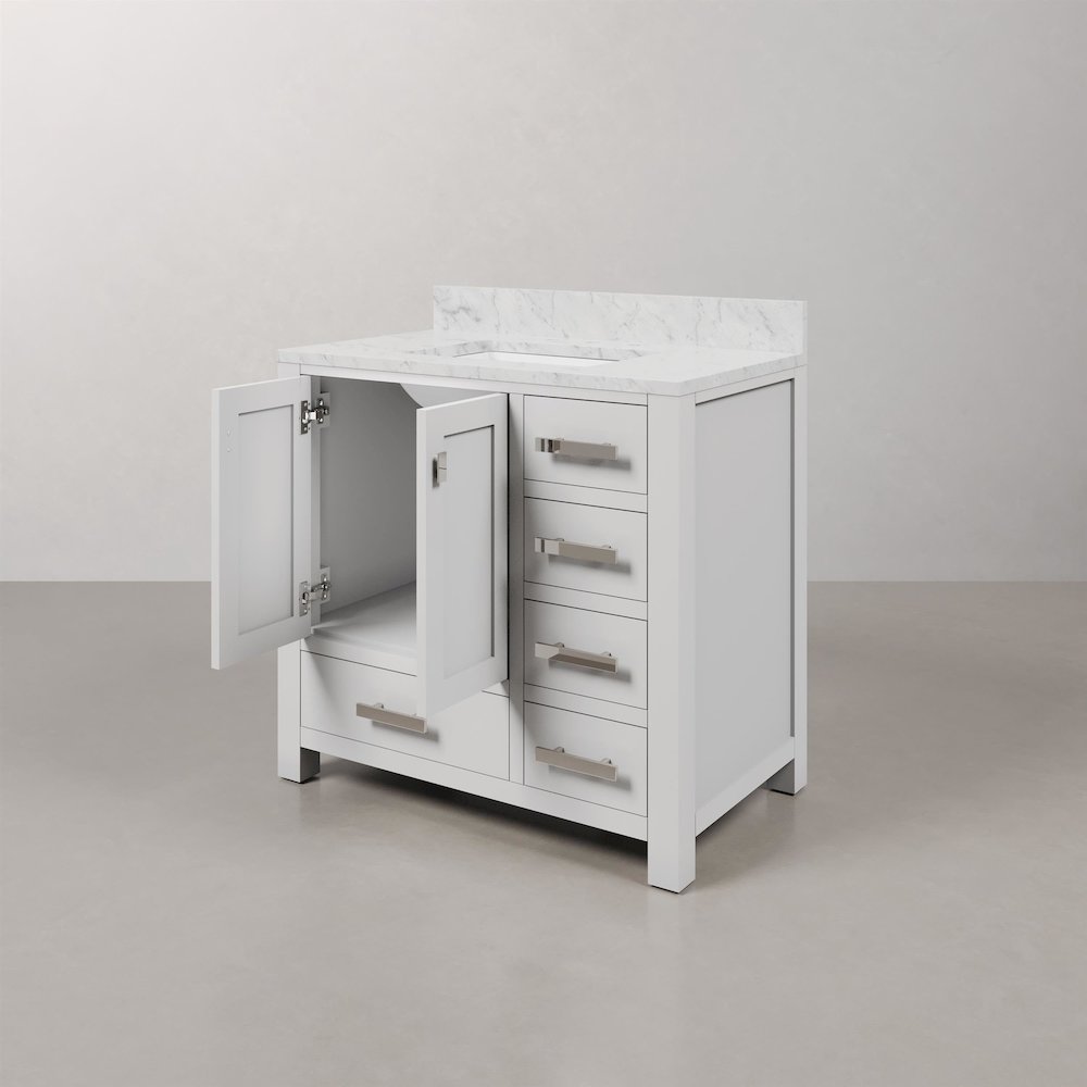 Madison 36 In. Single Sink Carrara White Marble Countertop Bath Vanity