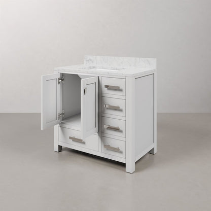 Madison 36 In. Single Sink Carrara White Marble Countertop Bath Vanity