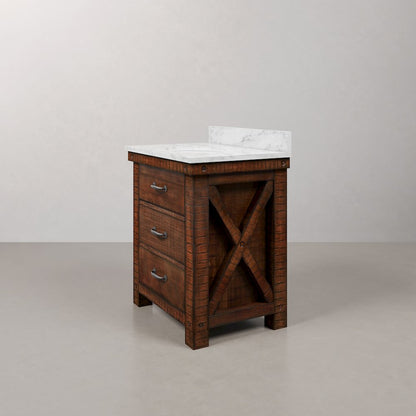 30 In. Single Sink Carrara White Marble Countertop Bath Vanity in Rustic Sienna