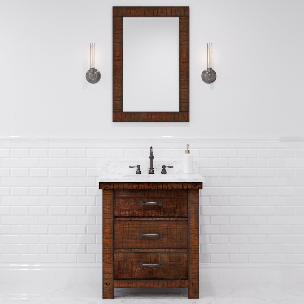 30 In. Single Sink Carrara White Marble Countertop Bath Vanity in Rustic Sienna