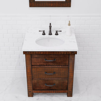 30 In. Single Sink Carrara White Marble Countertop Bath Vanity in Rustic Sienna