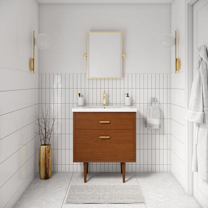 30 In. Integrated Ceramic Sink Top Vanity in Honey Walnut