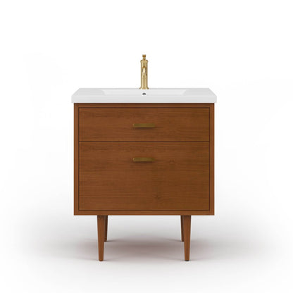 30 In. Integrated Ceramic Sink Top Vanity in Honey Walnut