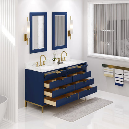 60 In. Double Sink Carrara White Marble Countertop Bath Vanity in Monarch Blue