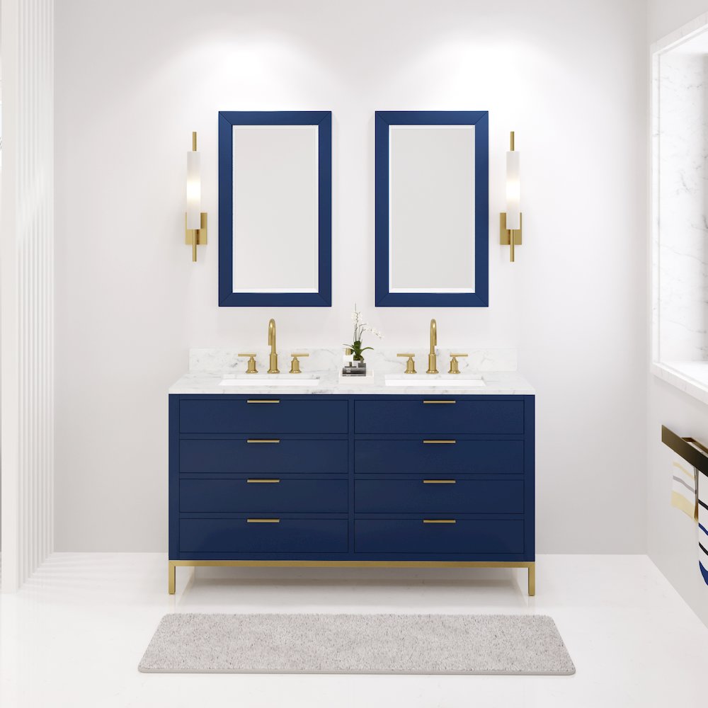 60 In. Double Sink Carrara White Marble Countertop Bath Vanity in Monarch Blue