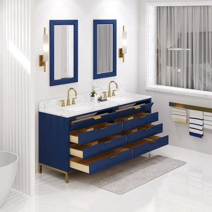 72 In. Double Sink Carrara White Marble Countertop Bath Vanity in Monarch Blue