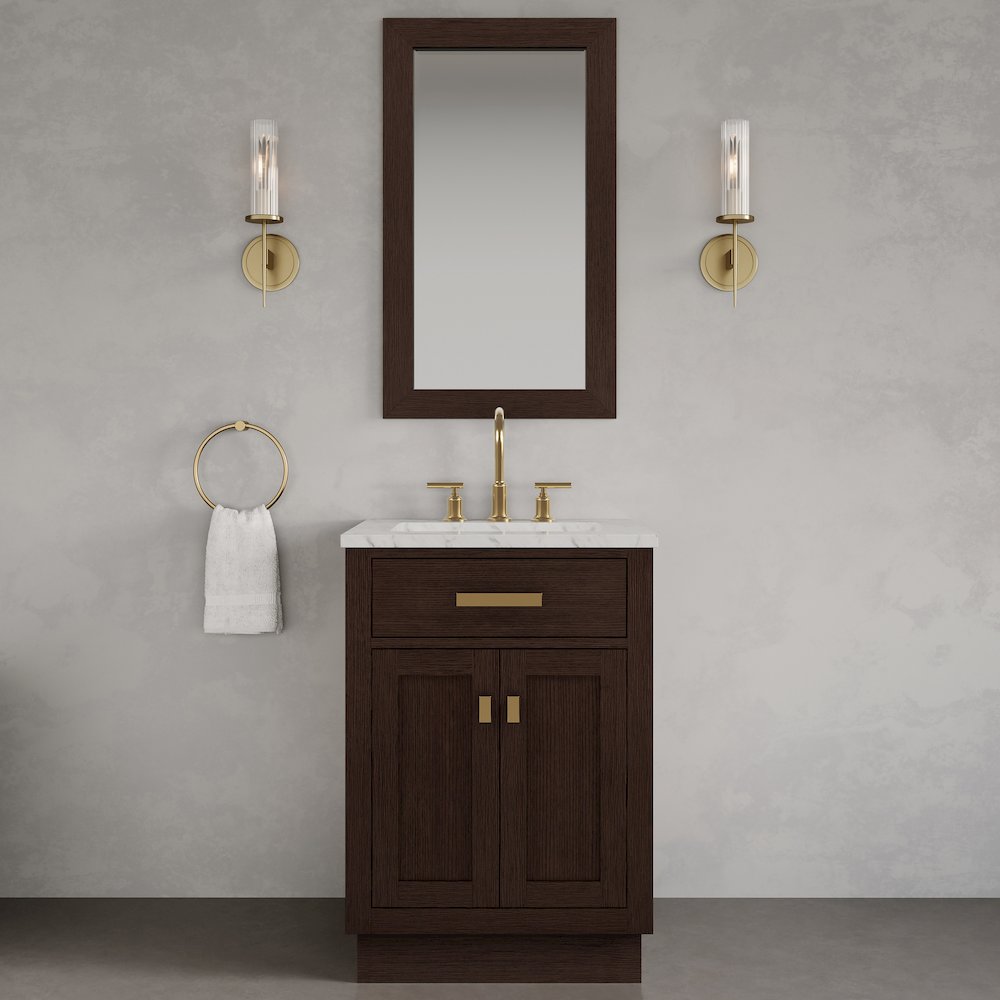 24 In. Single Sink Carrara White Marble Countertop Bath Vanity In Brown Oak