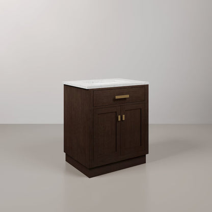 30 In. Single Sink Carrara White Marble Countertop Bath Vanity In Brown Oak