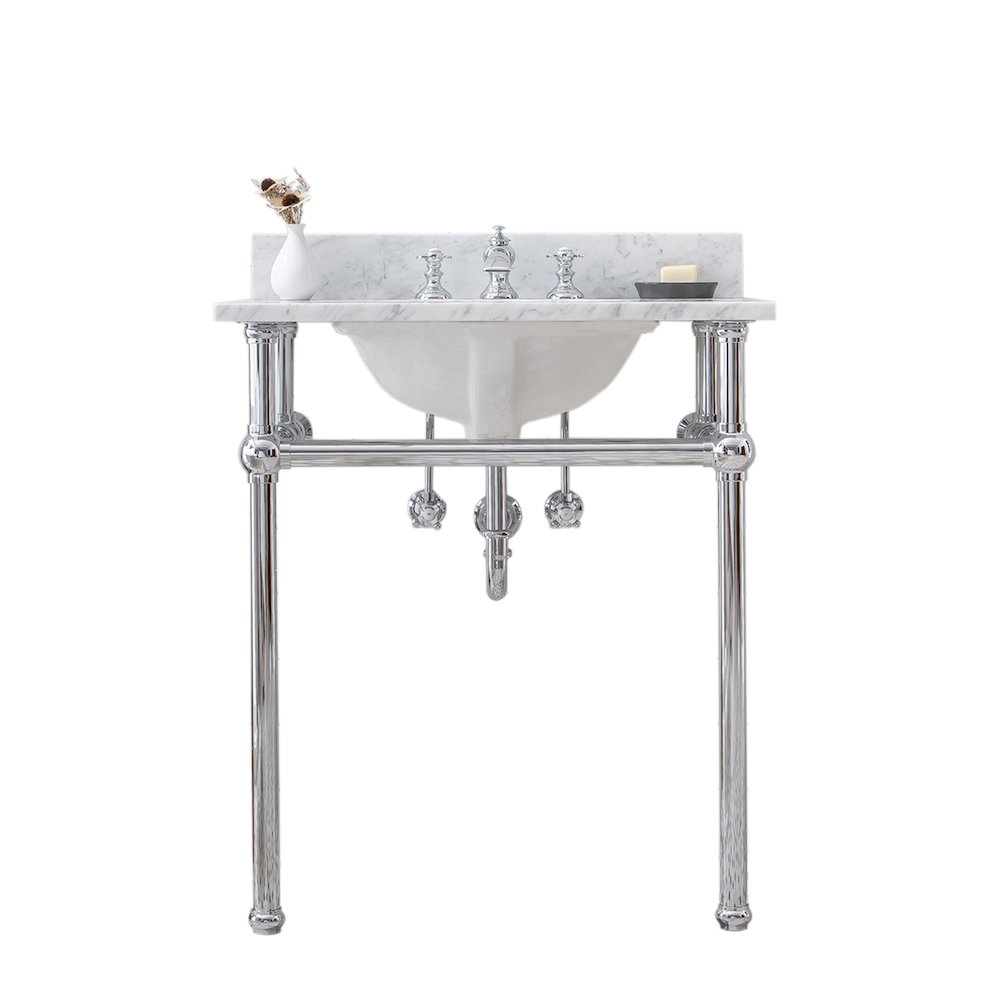 30 In. W. Single Wash Stand, P-Trap, Carrara White Marble Countertop