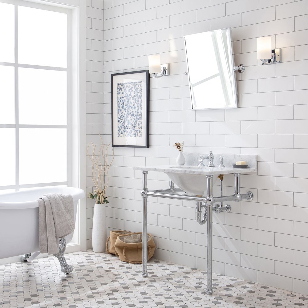 30 In. W. Single Wash Stand, P-Trap, Carrara White Marble Countertop