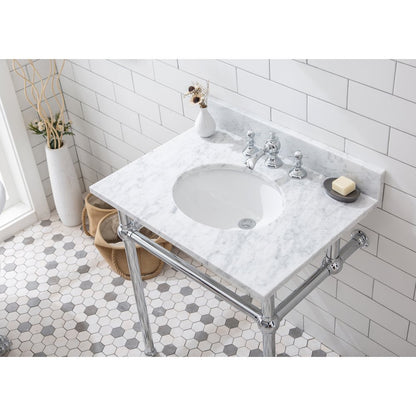 30 In. W. Single Wash Stand, P-Trap, Carrara White Marble Countertop