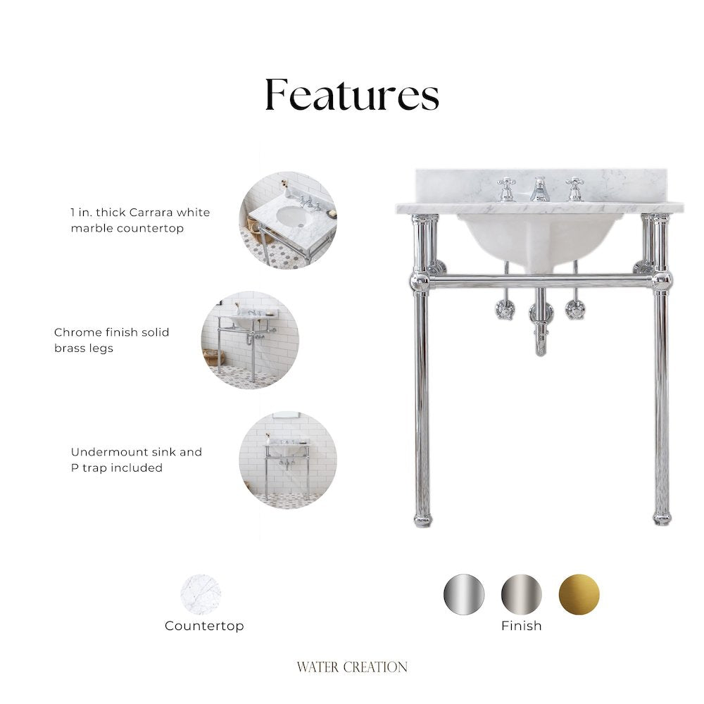 30 In. W. Single Wash Stand, P-Trap, Carrara White Marble Countertop