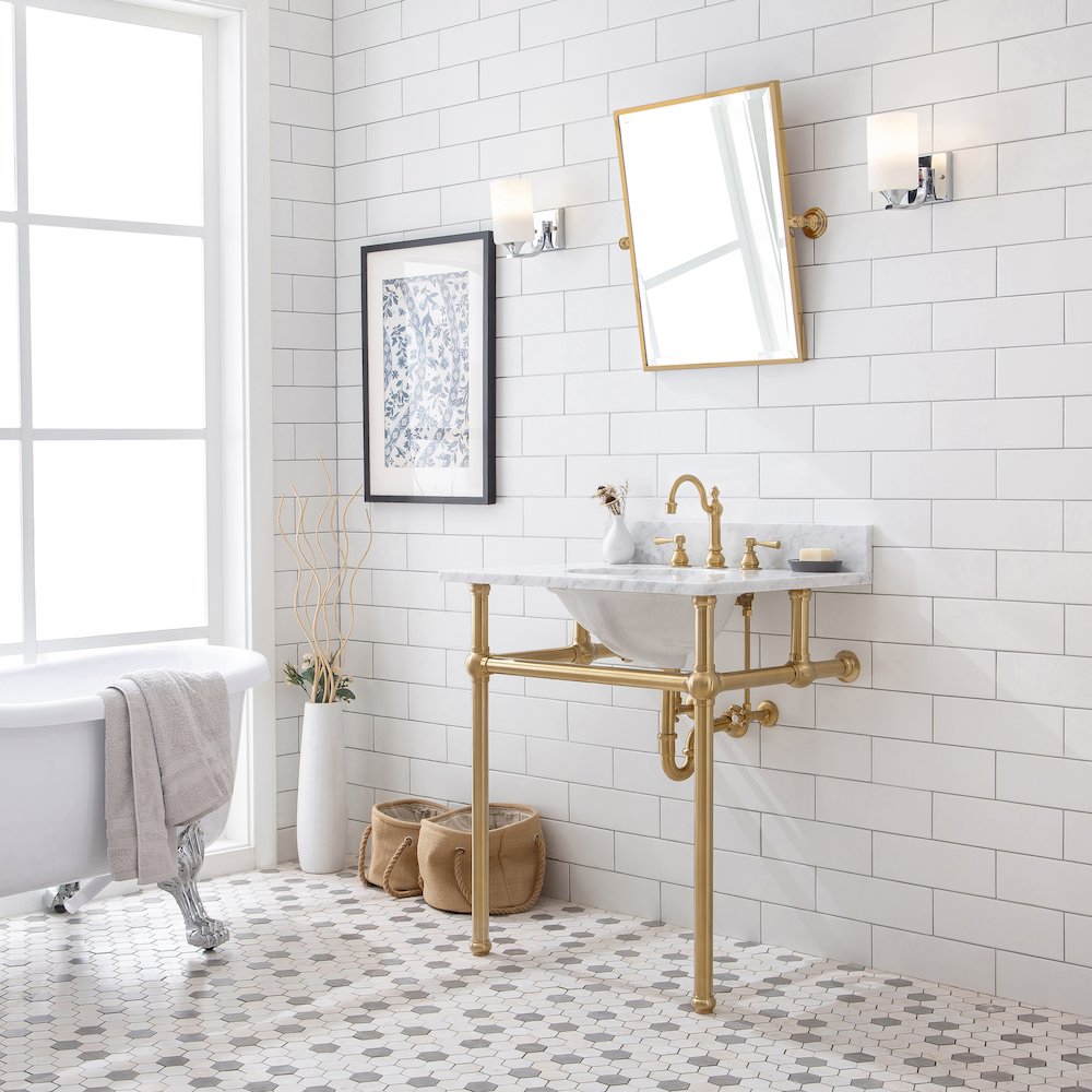 30 In. W. Single Wash Stand, P-Trap, Carrara White Marble Countertop