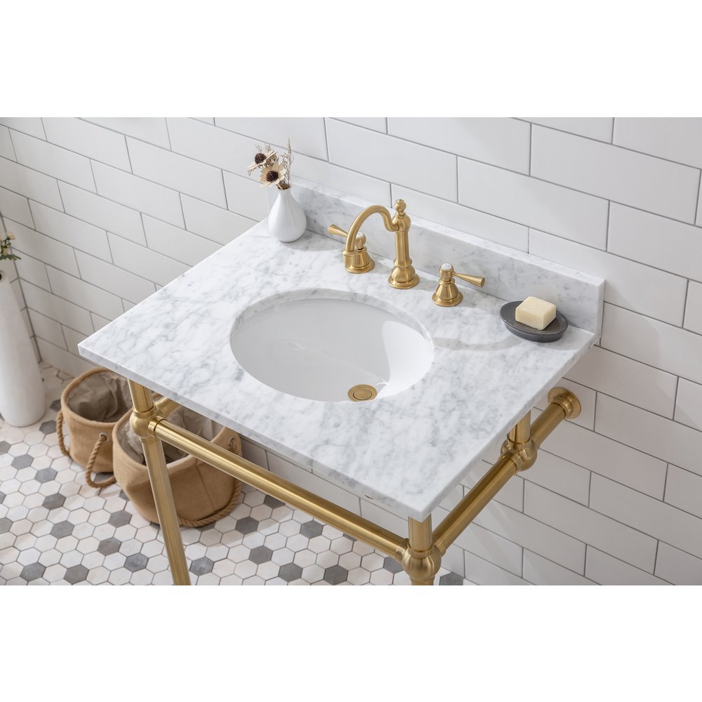 30 In. W. Single Wash Stand, P-Trap, Carrara White Marble Countertop