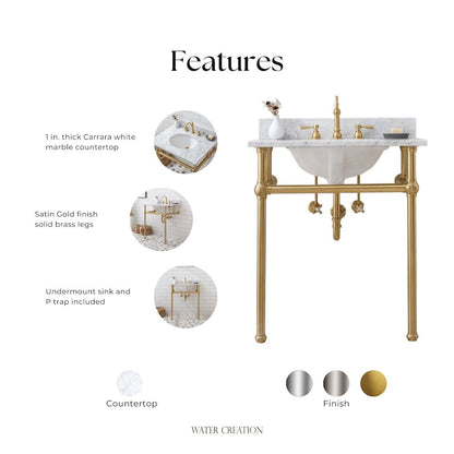 30 In. W. Single Wash Stand, P-Trap, Carrara White Marble Countertop