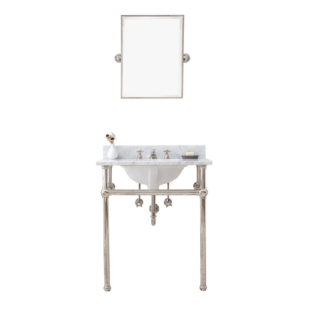 30 In. W. Single Wash Stand, P-Trap, Carrara White Marble Countertop