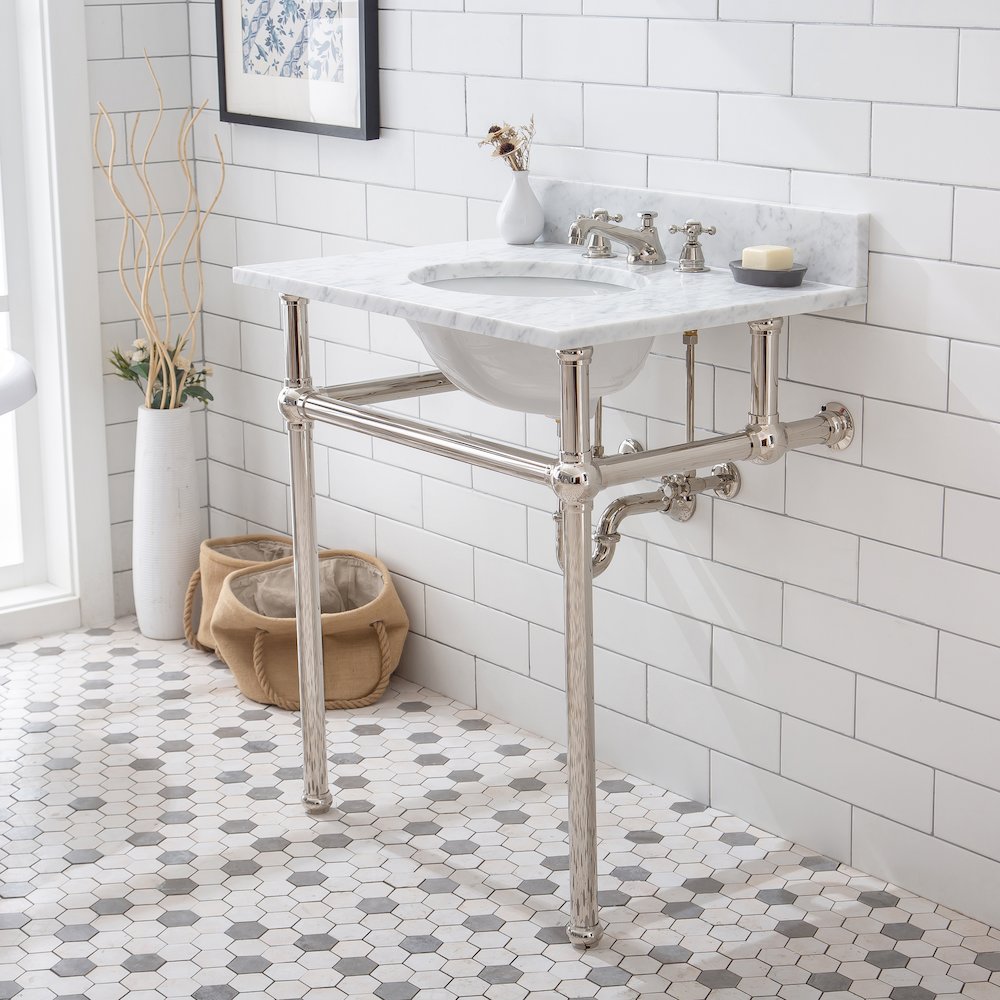 30 In. W. Single Wash Stand, P-Trap, Carrara White Marble Countertop