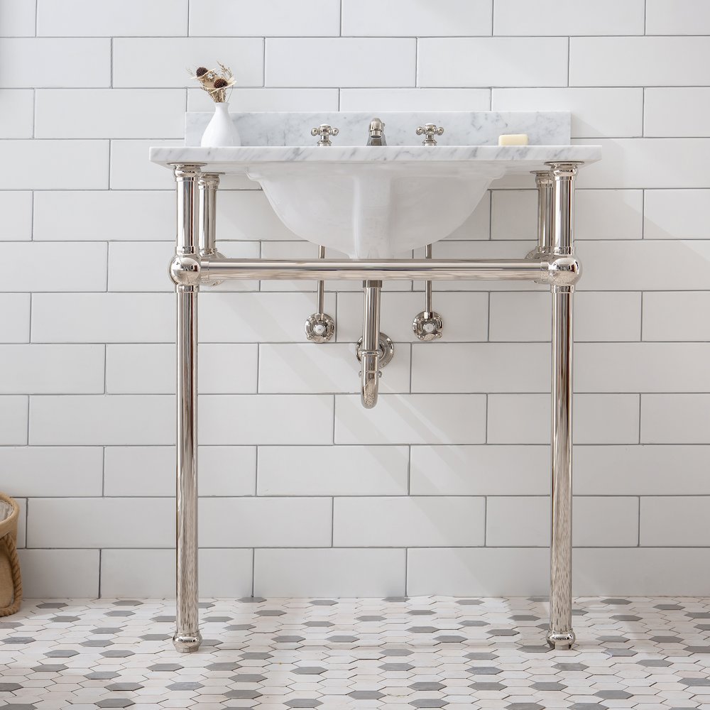 30 In. W. Single Wash Stand, P-Trap, Carrara White Marble Countertop