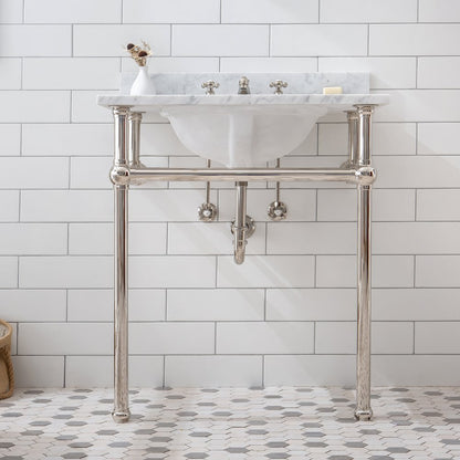 30 In. W. Single Wash Stand, P-Trap, Carrara White Marble Countertop