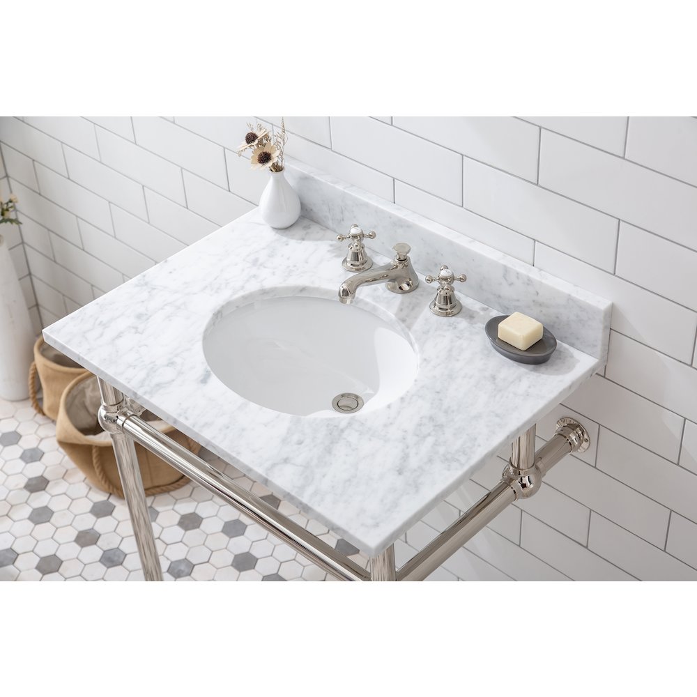 30 In. W. Single Wash Stand, P-Trap, Carrara White Marble Countertop