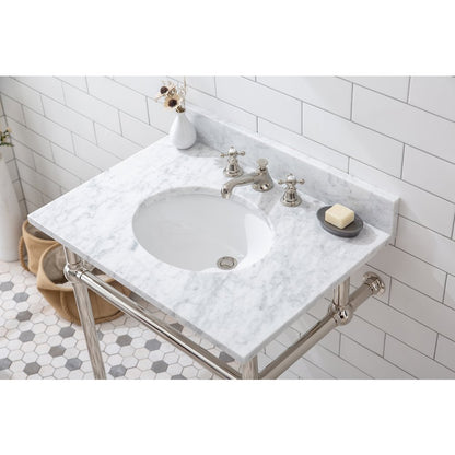 30 In. W. Single Wash Stand, P-Trap, Carrara White Marble Countertop
