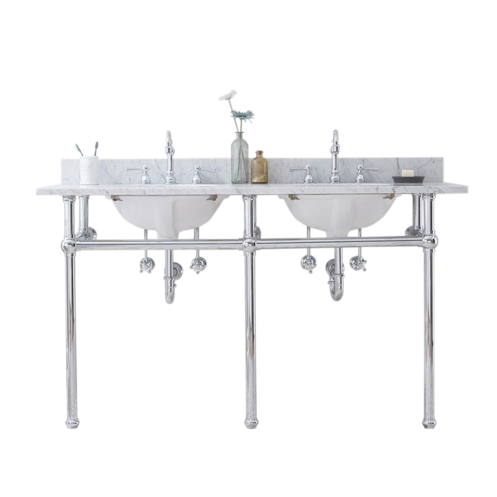 60 In. W. Double Wash Stand, P-Trap, Carrara White Marble Countertop