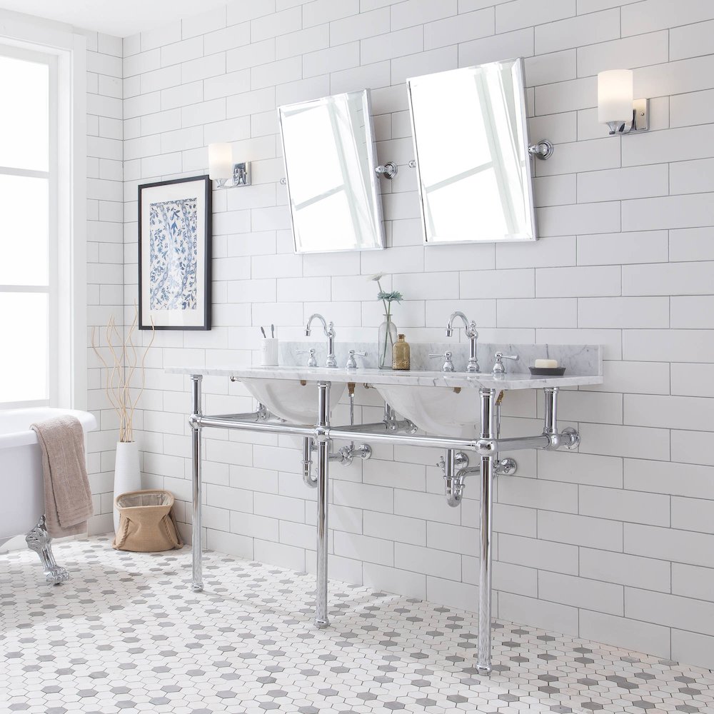 60 In. W. Double Wash Stand, P-Trap, Carrara White Marble Countertop