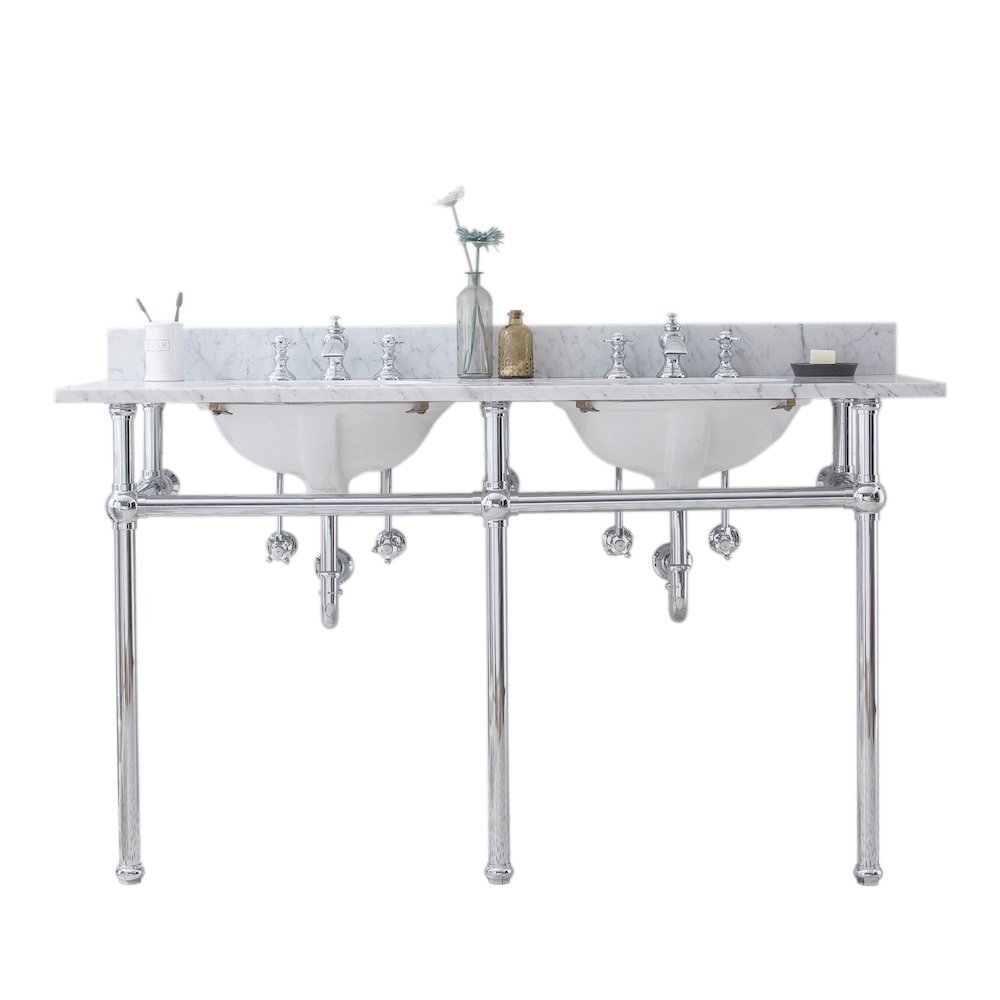60 In. W. Double Wash Stand, P-Trap, Carrara White Marble Countertop