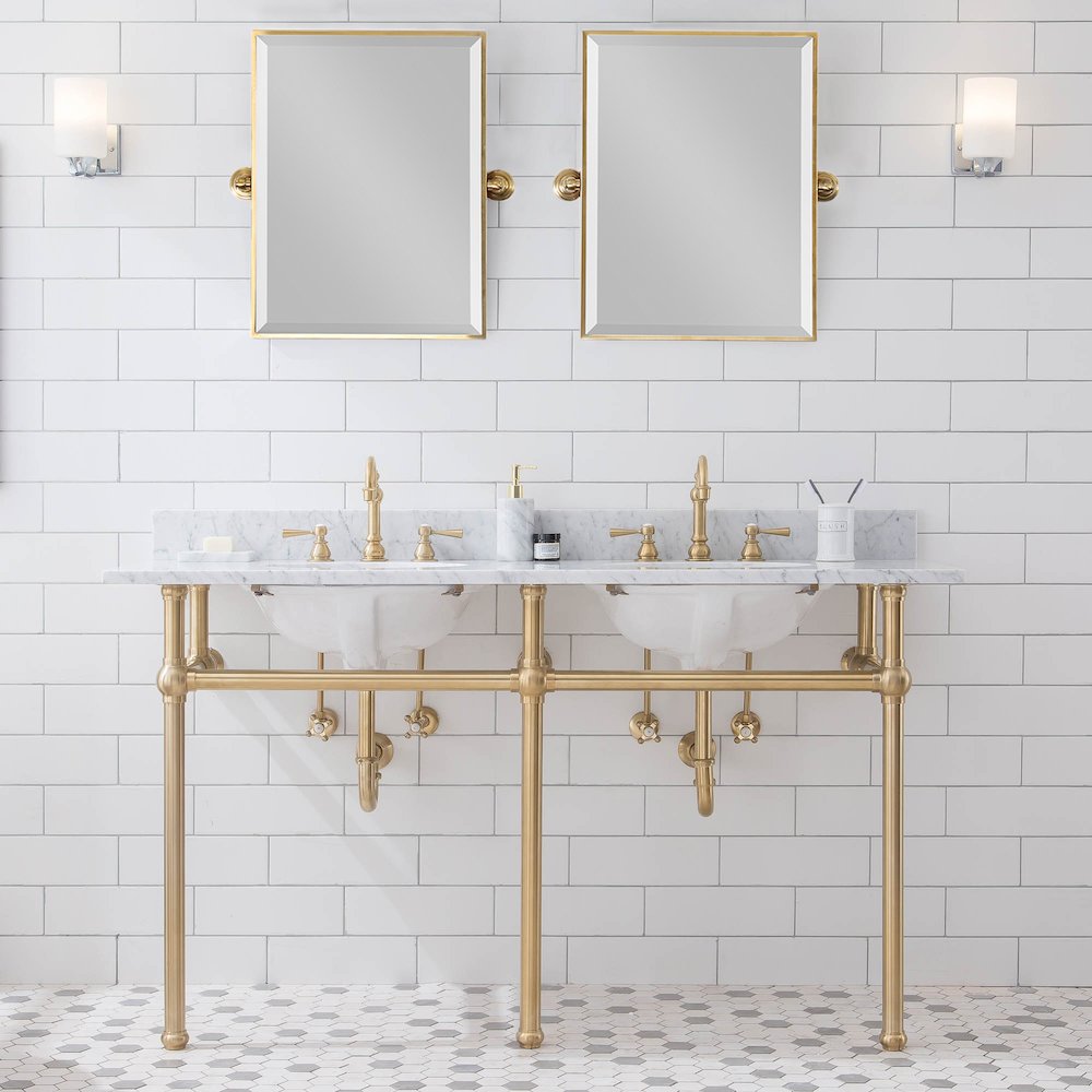 60 In. W. Double Wash Stand, P-Trap, Carrara White Marble Countertop