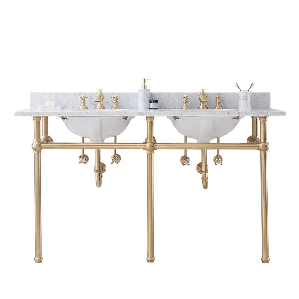 60 In. W. Double Wash Stand, P-Trap, Carrara White Marble Countertop