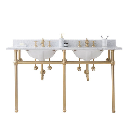 60 In. W. Double Wash Stand, P-Trap, Carrara White Marble Countertop