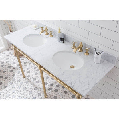 60 In. W. Double Wash Stand, P-Trap, Carrara White Marble Countertop