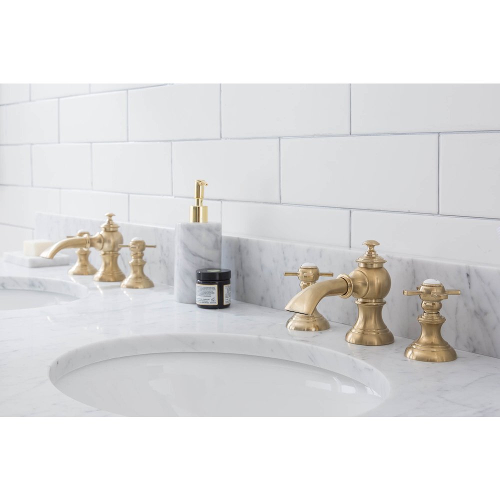 60 In. W. Double Wash Stand, P-Trap, Carrara White Marble Countertop