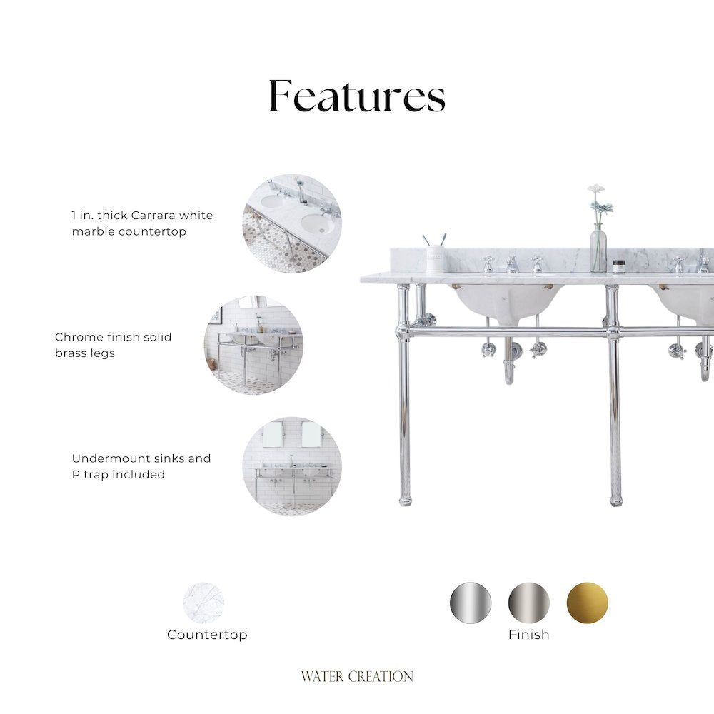 72 In. W. Double Wash Stand, P-Trap, and Carrara White Marble Countertop